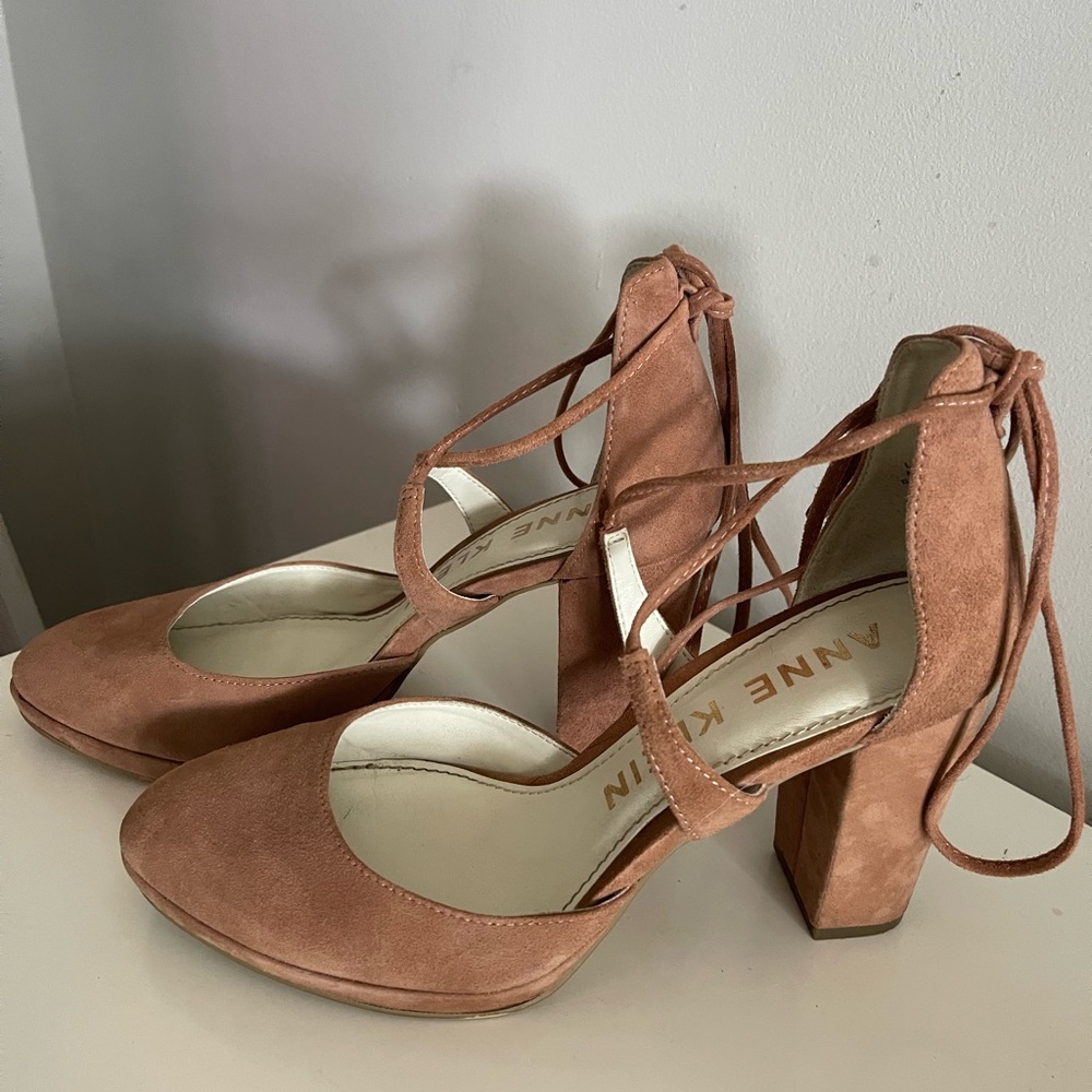 Anne Klein dusty rose block heel with ankle tie straps